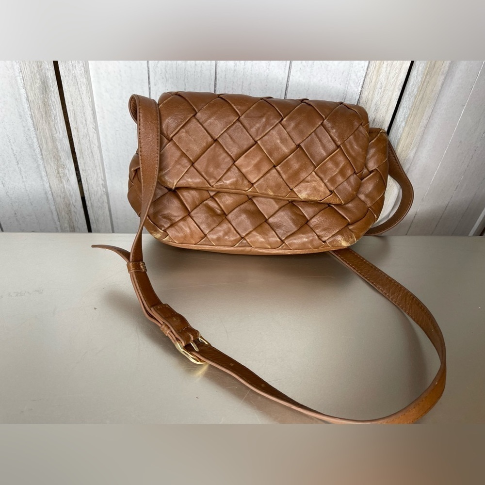 Dune London Dempsey Tan Brown Small Woven Leather Crossbody Bag